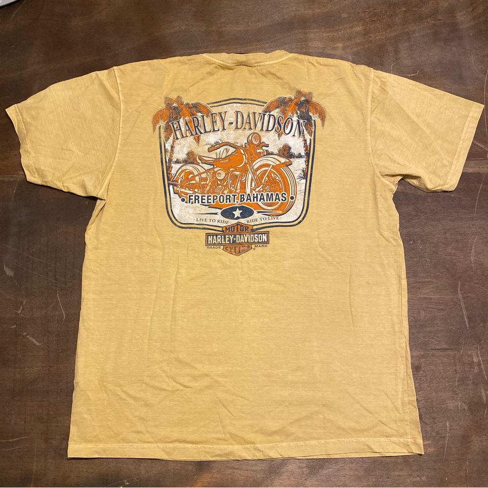 Harley Davidson Bahamas Tee Sz XL Shirt Great Dane Productions Motorcycle Yellow